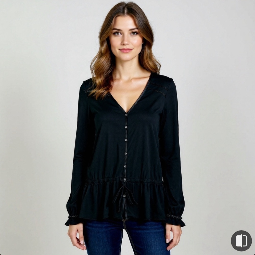 CLUB MONACO Shirt Womens S Button Up Blouse Top Black Ruffle Sleeves